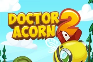 Ο τίτλος Doctor Acorn 2 εμφανίζεται πάνω από ένα μεγάλο κίτρινο μέλισσα με κόκκινο καπέλο σε γαλανό ουρανό με σύννεφα