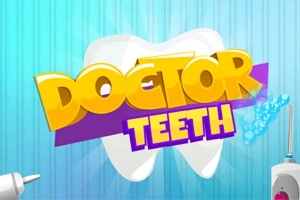 Ένα μεγάλο λευκό δόντι με τον τίτλο DOCTOR TEETH σε κίτρινα και μωβ γράμματα μπροστά από μπλε φόντο με οδοντόκρεμα και μια οδοντόβουρτσα