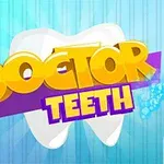 Ένα μεγάλο λευκό δόντι με τον τίτλο DOCTOR TEETH σε κίτρινα και μωβ γράμματα μπροστά από μπλε φόντο με οδοντόκρεμα και μια οδοντόβουρτσα