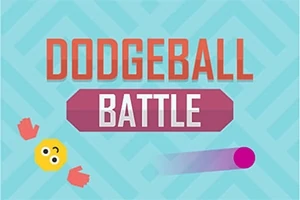 Γραφικό με τη φράση Dodgeball Battle, έναν κίτρινο κύκλο με πρόσωπο, πορτοκαλί γάντια και μια μωβ μπάλα σε γαλάζιο φόντο