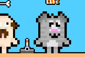 Ένας pixelated γκρι γάτος με ροζ μύτη και μια φιγούρα στα αριστερά του με μπλε φόντο