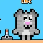 Ένας pixelated γκρι γάτος με ροζ μύτη και μια φιγούρα στα αριστερά του με μπλε φόντο