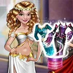 Δύο γυναίκες ντυμένες με αρχαϊκά ενδύματα στέκονται δίπλα σε ένα μαγικό καλάθι με λαμπερά ρούχα