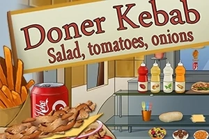 Πινακίδα με την επιγραφή Doner Kebab πάνω από πιάτο με γύρο, πατάτες τηγανητές, αναψυκτικό και σαλάτες, με μπουκάλια σως στο βάθος