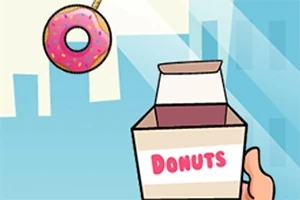 Ένα χέρι κρατά ένα κουτί που γράφει DONUTS ενώ ένα ντόνατ με ροζ γλάσο και πολύχρωμη τρούφα είναι κρεμασμένο σε φωτεινό φόντο πόλης