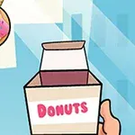 Ένα χέρι κρατά ένα κουτί που γράφει DONUTS ενώ ένα ντόνατ με ροζ γλάσο και πολύχρωμη τρούφα είναι κρεμασμένο σε φωτεινό φόντο πόλης