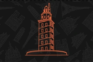 Κόκκινο περίγραμμα φάρου σε μαύρο φόντο με διακριτικά σχέδια άλλων μνημείων