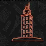 Κόκκινο περίγραμμα φάρου σε μαύρο φόντο με διακριτικά σχέδια άλλων μνημείων