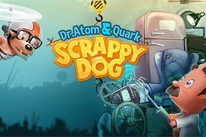 Dr. Atom & Quark: Scrappy Dog Σκύλος με καπέλο ελικόπτερο πετάει προς έναν επιστήμονα με μουστάκι και ακουστικά, μπροστά από μια συσκευή και μια μεγάλη πολυθρόνα