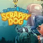 Dr. Atom & Quark: Scrappy Dog Σκύλος με καπέλο ελικόπτερο πετάει προς έναν επιστήμονα με μουστάκι και ακουστικά, μπροστά από μια συσκευή και μια μεγάλη πολυθρόνα
