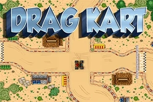 Ένα υπερυψωμένο γραφικό με τη φράση DRAG KART πάνω από μια πίστα αγώνων με άμμο και δέντρα