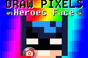 Πολύχρωμη pixel εικόνα με τίτλο Draw Pixels: Heroes Face και απεικόνιση προσώπου ήρωα σε στυλ pixel