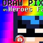 Πολύχρωμη pixel εικόνα με τίτλο Draw Pixels: Heroes Face και απεικόνιση προσώπου ήρωα σε στυλ pixel