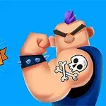 Ένας κινούμενος χαρακτήρας σε μπλε φόντο με μοβ μοϊκάνα, σκουλαρίκια, βραχιόλι με ακίδες και τατουάζ με κρανίο στο μπράτσο, δίπλα από το λογότυπο Draw Tattoo