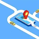 Ένα smartphone στο κέντρο ενός δικτύου δρόμων με δύο κίτρινα αυτοκίνητα και μια μεγάλη κόκκινη ένδειξη τοποθεσίας πάνω από την οθόνη