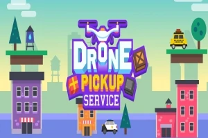 Γραφικό με την επιγραφή Drone Pickup Service και εικονογράφηση κτιρίων και drone