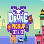 Γραφικό με την επιγραφή Drone Pickup Service και εικονογράφηση κτιρίων και drone