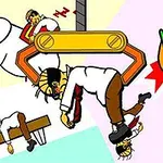 Άντρας με γραβάτα που πιάνεται από ένα γερανό, ενώ ελέφαντας παρακολουθεί, με δύο μικρότερους άντρες που πέφτουν από τραπέζια