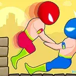 Δύο καρτουνίστικοι χαρακτήρες σε μια σκηνή πάλης με κόκκινα και μπλε κεφάλια, φορώντας πολύχρωμα ρούχα, με φόντο ηλιοβασίλεμα