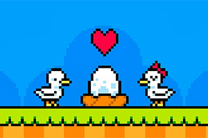 Duck Duck Δύο παπάκια στέκονται δίπλα σε μια φωλιά με ένα αυγό, με μια κόκκινη καρδιά από πάνω τους, σε φόντο με μπλε ουρανό