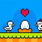 Duck Duck Δύο παπάκια στέκονται δίπλα σε μια φωλιά με ένα αυγό, με μια κόκκινη καρδιά από πάνω τους, σε φόντο με μπλε ουρανό