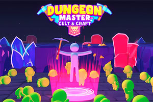 Πολύχρωμη νεονική σκηνή με το λογότυπο «DUNGEON MASTER: CULT & CRAFT» στο πάνω μέρος και μια φιγούρα με τσεκούρι να στέκεται σε φωτεινή πλατφόρμα ανάμεσα σε κρυστάλλους και σχήματα σαν δέντρα