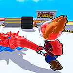 Δύο καρτουνίστικες φιγούρες σε μια σκηνή με έντονα χρώματα, με μία να εκτοξεύει μπλε υγρό προς την εχθρική φιγούρα που εκτοξεύει κόκκινο υγρό