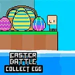 Δύο pixelated χαρακτήρες στέκονται σε μια πλατφόρμα με μεγάλα διακοσμημένα αυγά δίπλα σε νερό