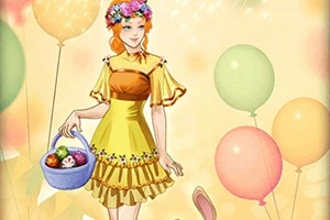 Μια κοκκινομάλλα γυναίκα με κίτρινο φόρεμα και στεφάνι λουλουδιών κρατά ένα καλάθι και στέκεται μπροστά από πολύχρωμα μπαλόνια