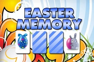 Τίτλος Easter Memory με δύο κάρτες ανοιχτές που δείχνουν ένα πασχαλινό αυγό και ένα λαγουδάκι, σε φόντο με πολύχρωμα σχέδια