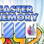 Τίτλος Easter Memory με δύο κάρτες ανοιχτές που δείχνουν ένα πασχαλινό αυγό και ένα λαγουδάκι, σε φόντο με πολύχρωμα σχέδια