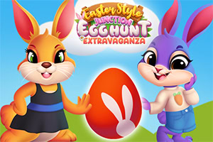 Easter Style Junction Egg Hunt Extravaganza Δύο χαρούμενα πολύχρωμα λαγουδάκια με ένα μεγάλο διακοσμητικό αυγό στο κέντρο, σε ένα χαρούμενο σκηνικό με μπλε ουρανό και λόφους