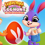 Easter Style Junction Egg Hunt Extravaganza Δύο χαρούμενα πολύχρωμα λαγουδάκια με ένα μεγάλο διακοσμητικό αυγό στο κέντρο, σε ένα χαρούμενο σκηνικό με μπλε ουρανό και λόφους