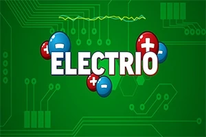 Το πράσινο φόντο με κυκλώματα και τον τίτλο ELECTRIO σε λευκά γράμματα, περιβάλλεται από κόκκινα και μπλε σφαιρίδια με σύμβολα συν και πλην