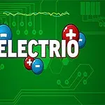 Το πράσινο φόντο με κυκλώματα και τον τίτλο ELECTRIO σε λευκά γράμματα, περιβάλλεται από κόκκινα και μπλε σφαιρίδια με σύμβολα συν και πλην