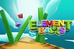 Πολύχρωμα γράμματα σχηματίζουν τη φράση Element Balls με φόντο ουρανό και μηχανισμό από πράσινες μπάρες και πολύτιμους λίθους