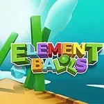 Πολύχρωμα γράμματα σχηματίζουν τη φράση Element Balls με φόντο ουρανό και μηχανισμό από πράσινες μπάρες και πολύτιμους λίθους