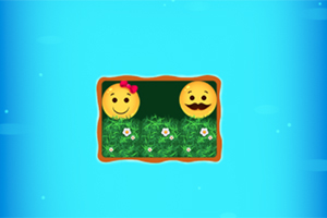Δύο χαμογελαστά emoji με φόντο πράσινο γρασίδι και λουλούδια σε γαλάζιο περιβάλλον