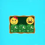 Δύο χαμογελαστά emoji με φόντο πράσινο γρασίδι και λουλούδια σε γαλάζιο περιβάλλον
