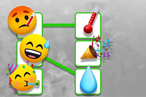 Πέντε emoji συνδεδεμένα με πράσινες γραμμές, περιλαμβάνοντας θερμόμετρο, σταγόνα νερού, και κόρνο πάρτι