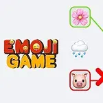 Εικόνα με χρωματιστό κείμενο EMOJI GAME και διάφορα emoji, όπως λουλούδι, μύτη γουρουνιού, σύννεφο με βροχή, μέλισσα, γουρούνι και ομπρέλα με σταυρό