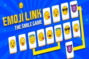 Κάρτες με διαφορετικά emoji σε μπλε φόντο με κίτρινη σύνδεση και τη φράση EMOJI LINK THE SMILE GAME