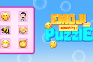 Ροζ πίνακας με εικονίδια emoji δίπλα στον τίτλο Emoji Puzzle σε μπλε και κίτρινη γραμματοσειρά με μπλε φόντο και φυσαλίδες