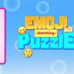 Ροζ πίνακας με εικονίδια emoji δίπλα στον τίτλο Emoji Puzzle σε μπλε και κίτρινη γραμματοσειρά με μπλε φόντο και φυσαλίδες