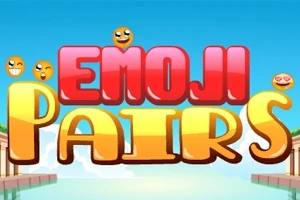Οθόνη με τον τίτλο Emoji Pairs σε έντονα κόκκινα και κίτρινα γράμματα, πλαισιωμένα με χαμογελαστά emoji και γαλάζιο ουρανό
