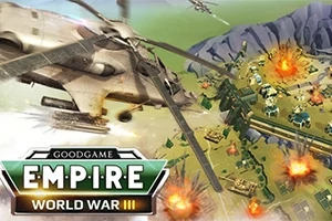 Ελικόπτερο πετά πάνω από κατεστραμμένο τοπίο με κτίρια και εκρήξεις