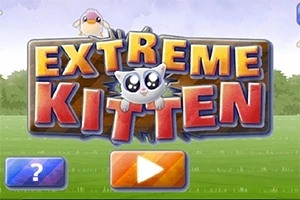 Ένα σχέδιο με έναν γατούλη και μια ταμπέλα EXTREME KITTEN σε έντονα χρώματα πάνω από ένα καταπράσινο τοπίο, με κουμπιά με εικονίδια ερωτηματικού και αναπαραγωγής
