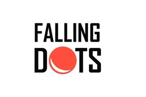 Το λογότυπο Falling Dots με μαύρα γράμματα και έναν κόκκινο κύκλο