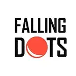 Το λογότυπο Falling Dots με μαύρα γράμματα και έναν κόκκινο κύκλο