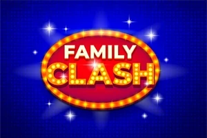 Κόκκινη ωοειδής επιγραφή με την φράση FAMILY CLASH σε φωτισμένα γράμματα με μπλε φόντο και αστέρια